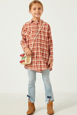 Rust Oversize Pocket Button Up Long Sleeve Tunic - Kids