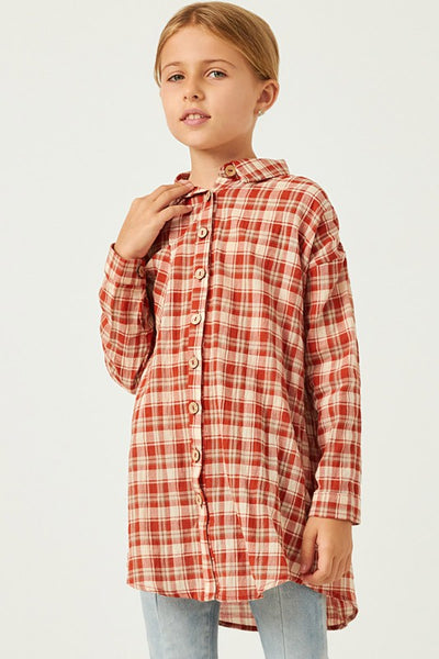 Rust Oversize Pocket Button Up Long Sleeve Tunic - Kids