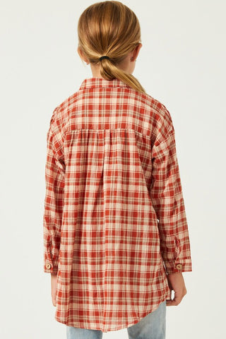 Rust Oversize Pocket Button Up Long Sleeve Tunic - Kids