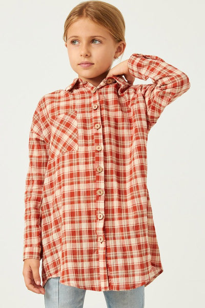 Rust Oversize Pocket Button Up Long Sleeve Tunic - Kids