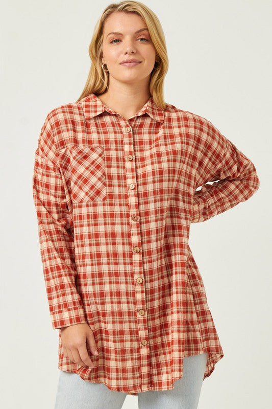 Rust Oversize Pocket Button Up Long Sleeve Tunic