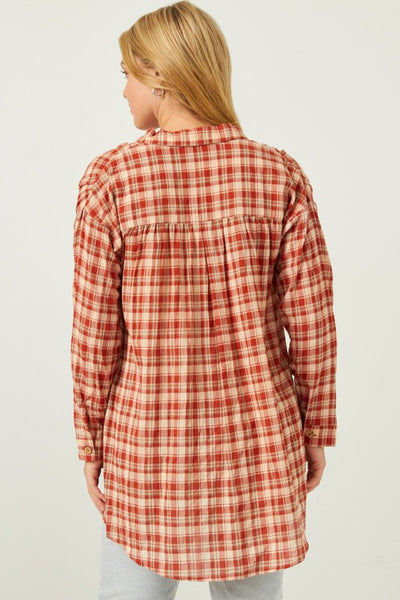 Rust Oversize Pocket Button Up Long Sleeve Tunic