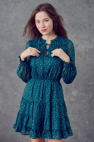 Ruffle Detailed Tiered Mini Dress - Hunter Green