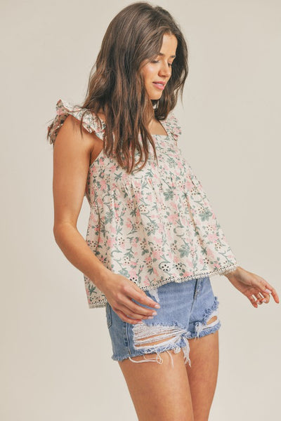 Ruffle Sleeve Eyelet Babydoll Tank