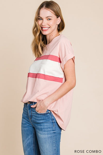 Rose Combo Color Block Detailed Top