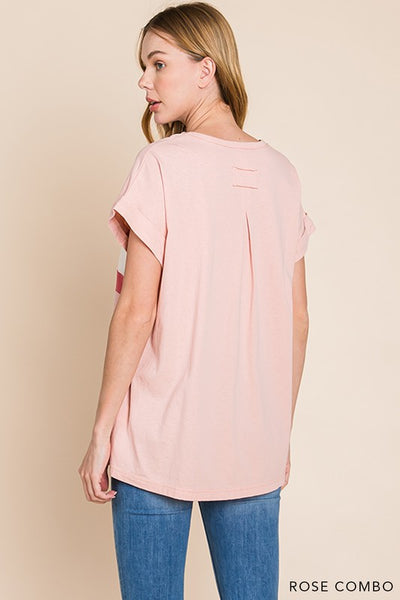 Rose Combo Color Block Detailed Top