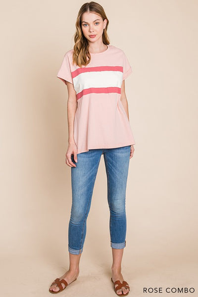 Rose Combo Color Block Detailed Top