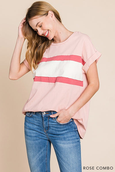 Rose Combo Color Block Detailed Top