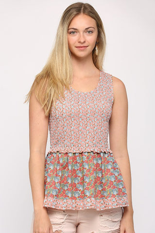 Knit Ditsy and Floral Print Mixed Smocking Top