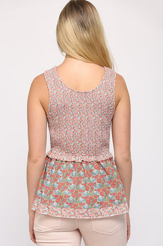 Knit Ditsy and Floral Print Mixed Smocking Top