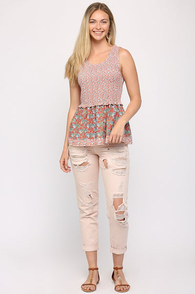Knit Ditsy and Floral Print Mixed Smocking Top