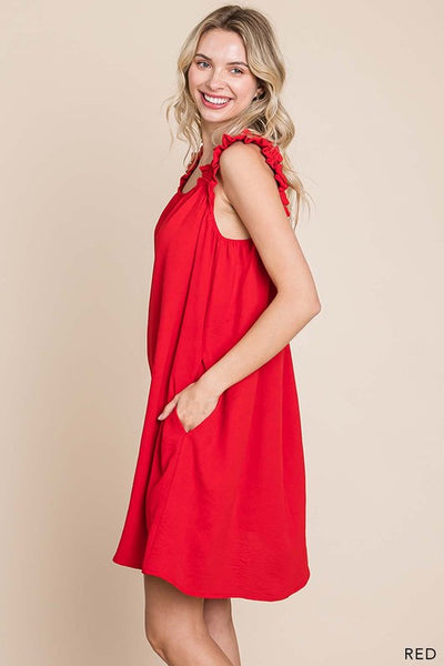 Solid Ruffle Strap Tank Dress With Pocket