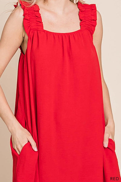 Solid Ruffle Strap Tank Dress With Pocket