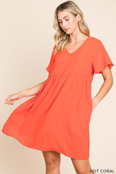 Women's Flounce Sleeve V neck Babydoll Dress - Hot Coral