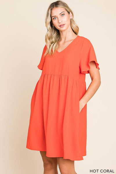 Women's Flounce Sleeve V neck Babydoll Dress - Hot Coral