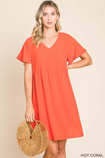 Women's Flounce Sleeve V neck Babydoll Dress - Hot Coral