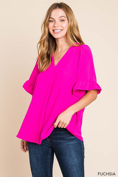 Ruffle Sleeve V Neck Top - Multiple Colors