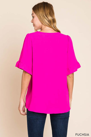 Ruffle Sleeve V Neck Top - Multiple Colors