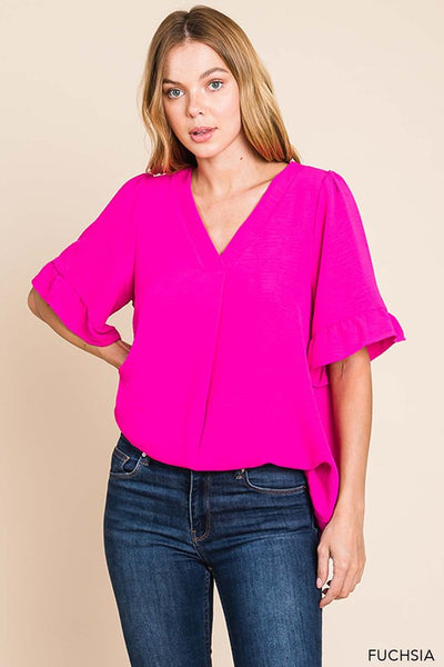 Ruffle Sleeve V Neck Top - Multiple Colors