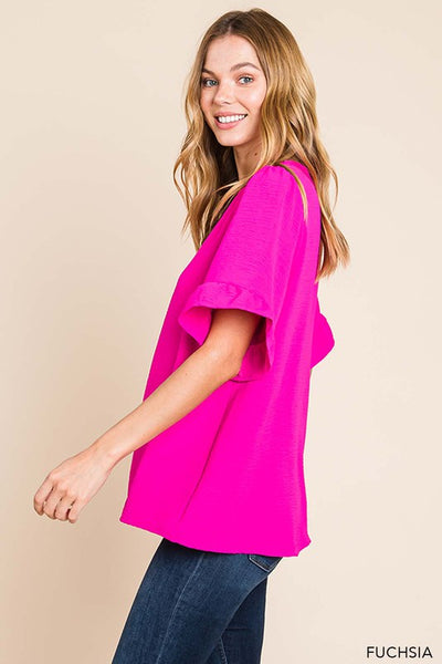 Ruffle Sleeve V Neck Top - Multiple Colors