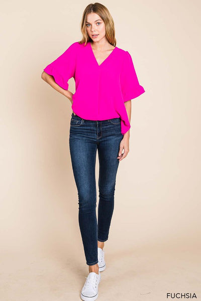 Ruffle Sleeve V Neck Top - Multiple Colors