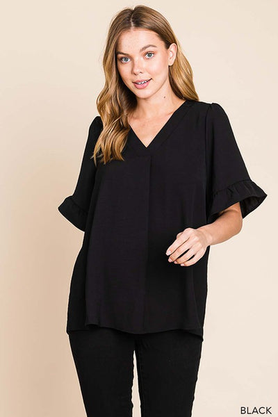 Ruffle Sleeve V Neck Top - Multiple Colors