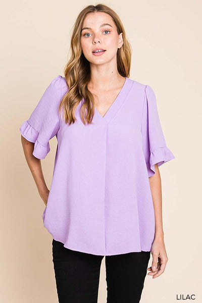 Ruffle Sleeve V Neck Top - Multiple Colors