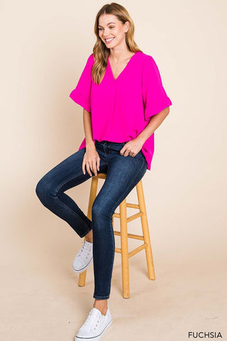 Ruffle Sleeve V Neck Top - Multiple Colors