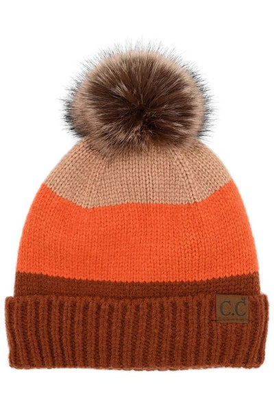 CC Color Block Stripes Pom Beanie Hat with Fuzzy Lining