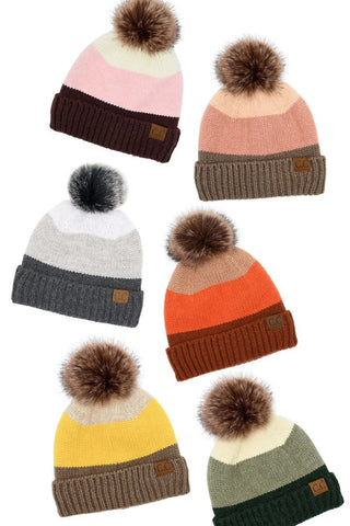 CC Color Block Stripes Pom Beanie Hat with Fuzzy Lining