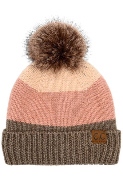 CC Color Block Stripes Pom Beanie Hat with Fuzzy Lining
