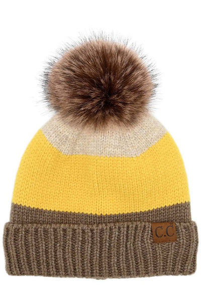 CC Color Block Stripes Pom Beanie Hat with Fuzzy Lining