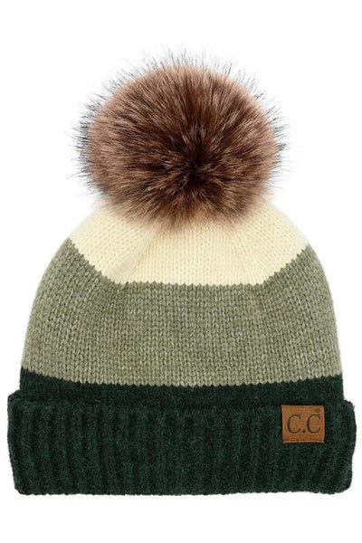 CC Color Block Stripes Pom Beanie Hat with Fuzzy Lining