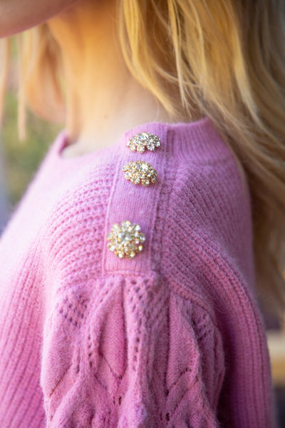 Embellished Button Puff Sleeve Sweater