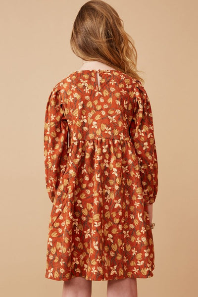 Floral Printed Corduroy Pleated Sleeve Dress - Kids