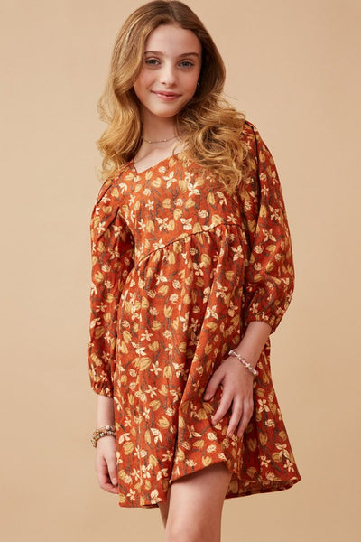 Floral Printed Corduroy Pleated Sleeve Dress - Kids