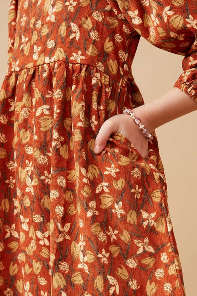 Floral Printed Corduroy Pleated Sleeve Dress - Kids