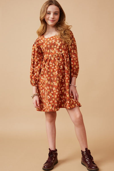 Floral Printed Corduroy Pleated Sleeve Dress - Kids