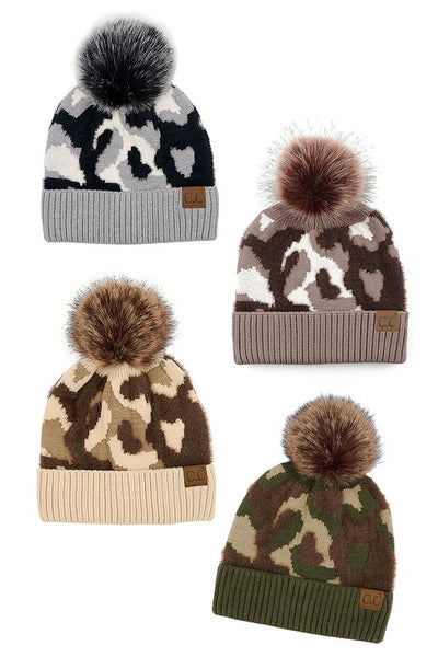 CC Abstract Camo Print Pom Beanie