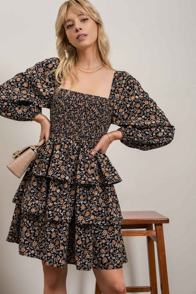 Ruffled & Tiered Fall Floral Dress - Black