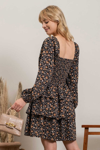 Ruffled & Tiered Fall Floral Dress - Black