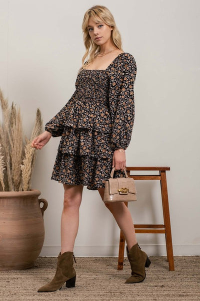 Ruffled & Tiered Fall Floral Dress - Black