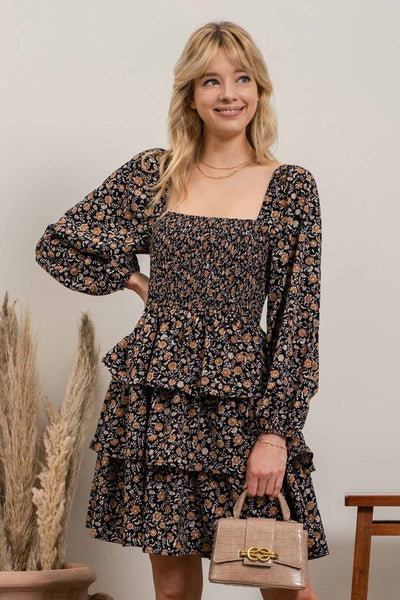 Ruffled & Tiered Fall Floral Dress - Black