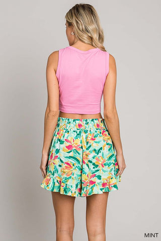 Floral Printed Ruffle Hem Shorts - Mint