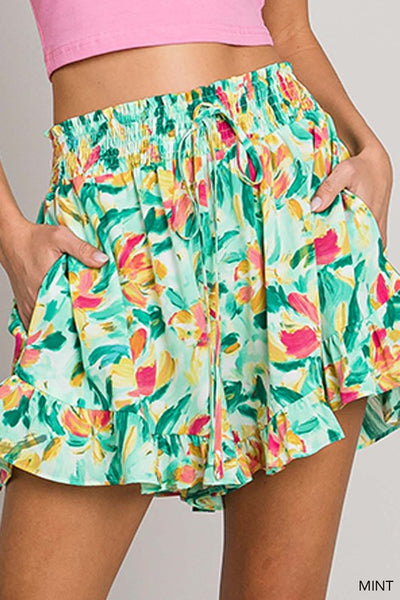 Floral Printed Ruffle Hem Shorts - Mint