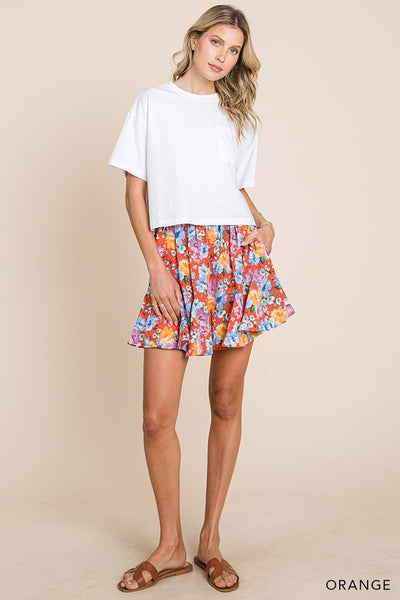 Soft Floral Prints Flare Shorts - Orange