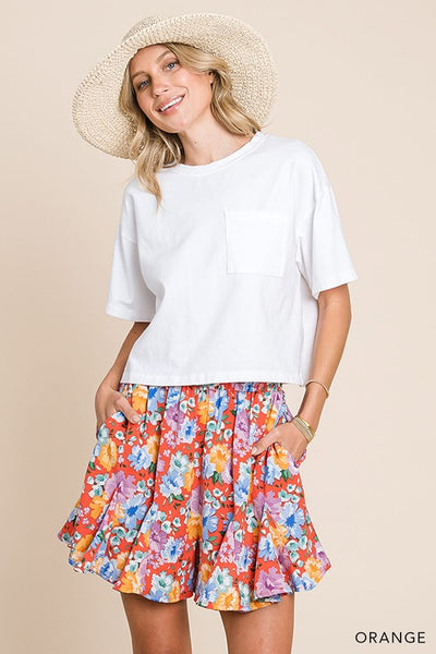Soft Floral Prints Flare Shorts - Orange