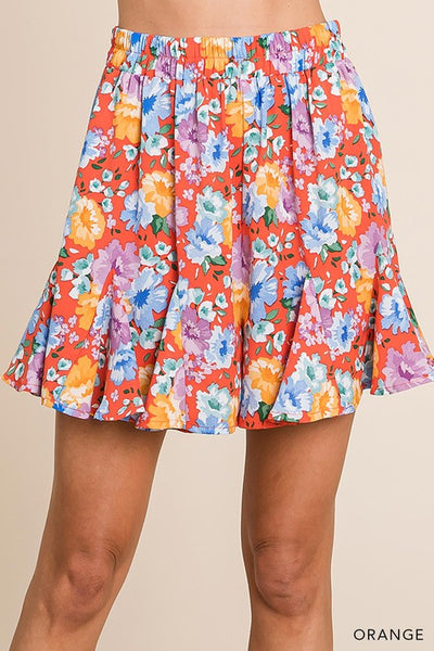 Soft Floral Prints Flare Shorts - Orange