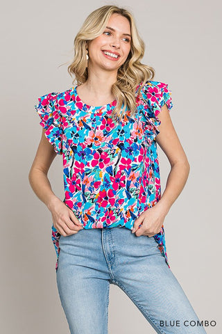Floral Ruffle Detail Short Sleeve Top