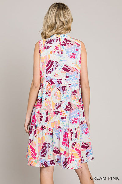 Printed Ruffle Mock Neck Tiered Mini Dress